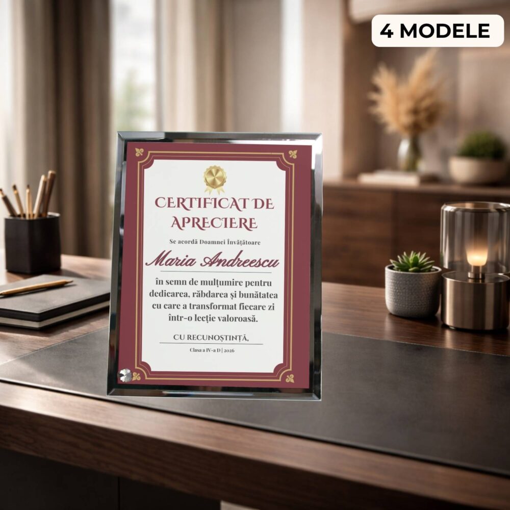 Plachetă apreciere profesoară personalizată. Model Certificat de apreciere, cadou elegant de sfârșit de an personalizat din sticlă.