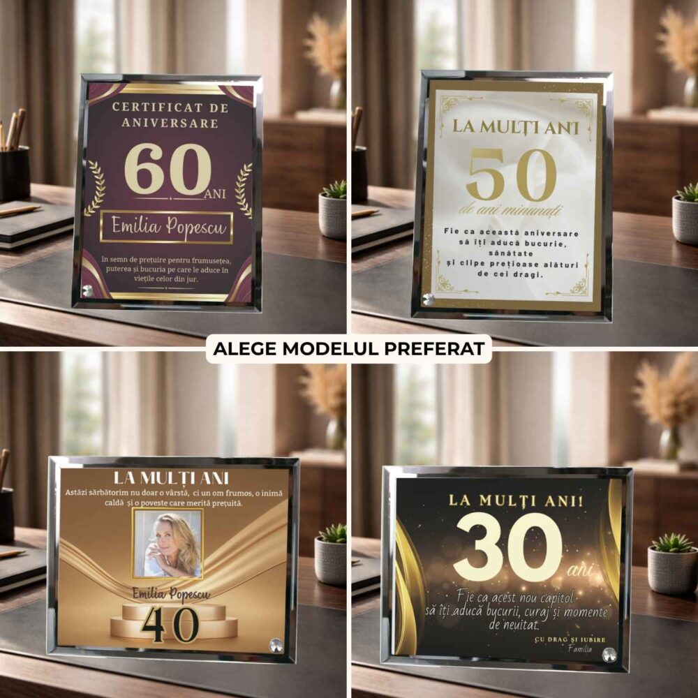 4 modele de plachetă personalizată din sticlă pentru zi de naștere 30, 40, 50 și 60 ani, cu mesaj și fotografie