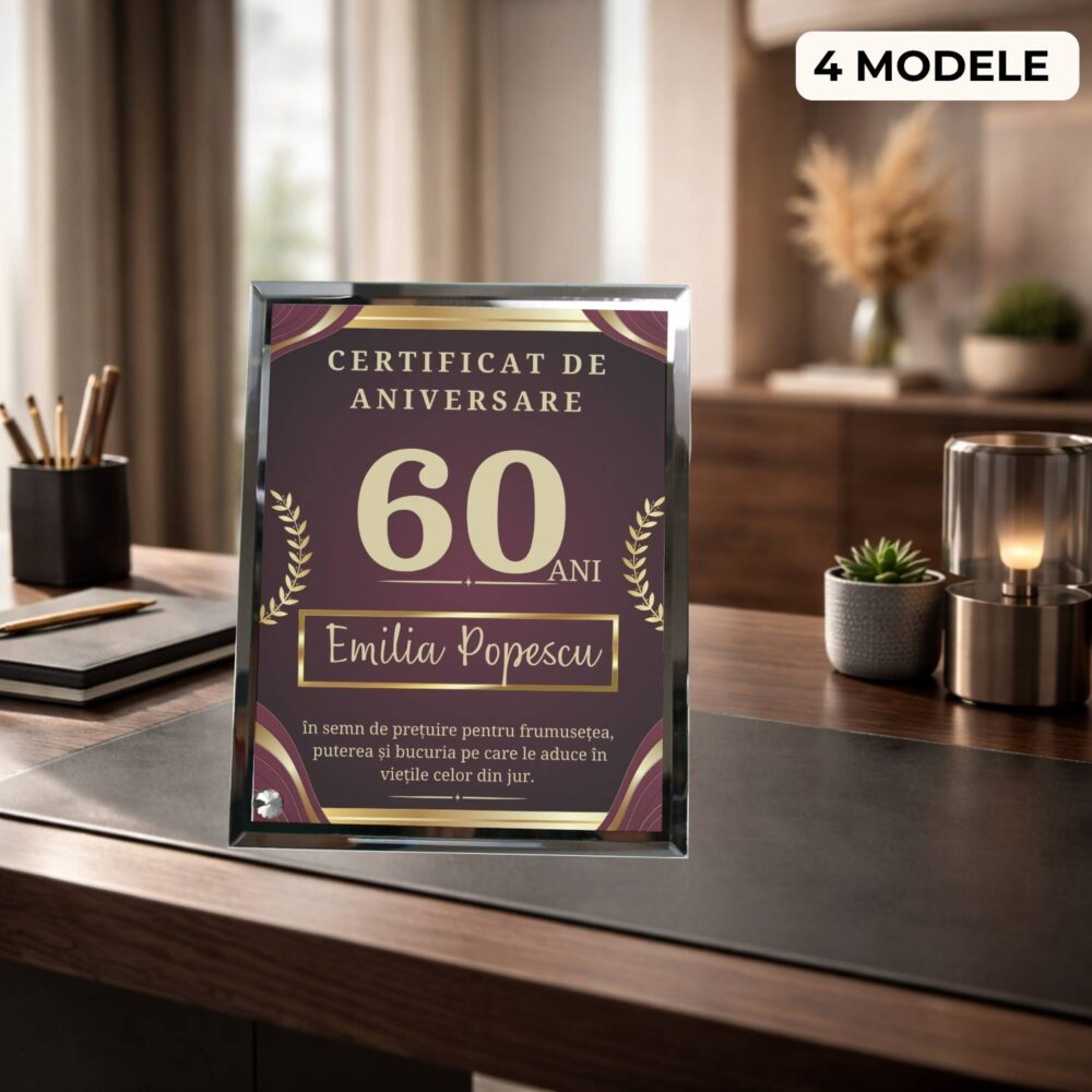 Plachetă zi de naștere elegantă personalizată din sticlă - 60 ani, model certificat elegant cu nume și mesaj