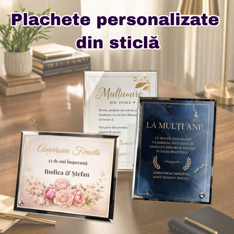 Imagine reprezentativă categorie de plachete personalizate din sticlă pentru aniversări, mulțumire, apreciere, pensionare și casă nouă, realizate ca daruri elegante și memorabile.