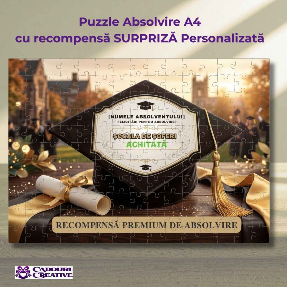 Puzzle absolvire A4 cu exemple de personalizare pentru surpriză și recompensă: weekend, laptop, city break și premiu în bani