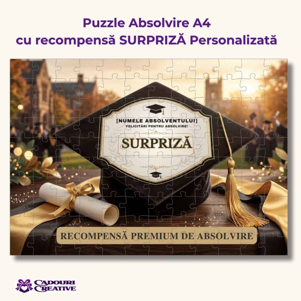 Puzzle absolvire personalizat cu recompensă surpriză. A4, cu nume, mesaj și recompensă, cadou interactiv premium pentru absolvent la final de an