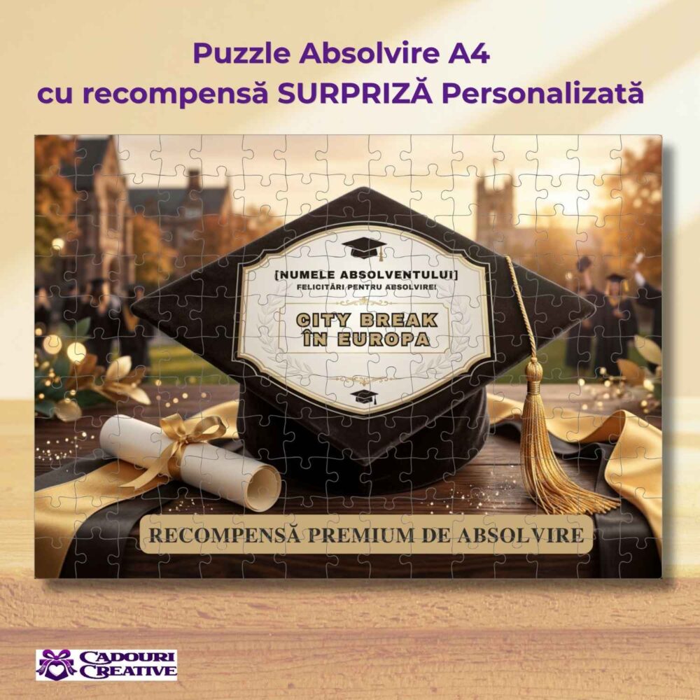 Puzzle surpriză pentru absolvire personalizat cu city break în Europa, cadou original și interactiv pentru absolvent