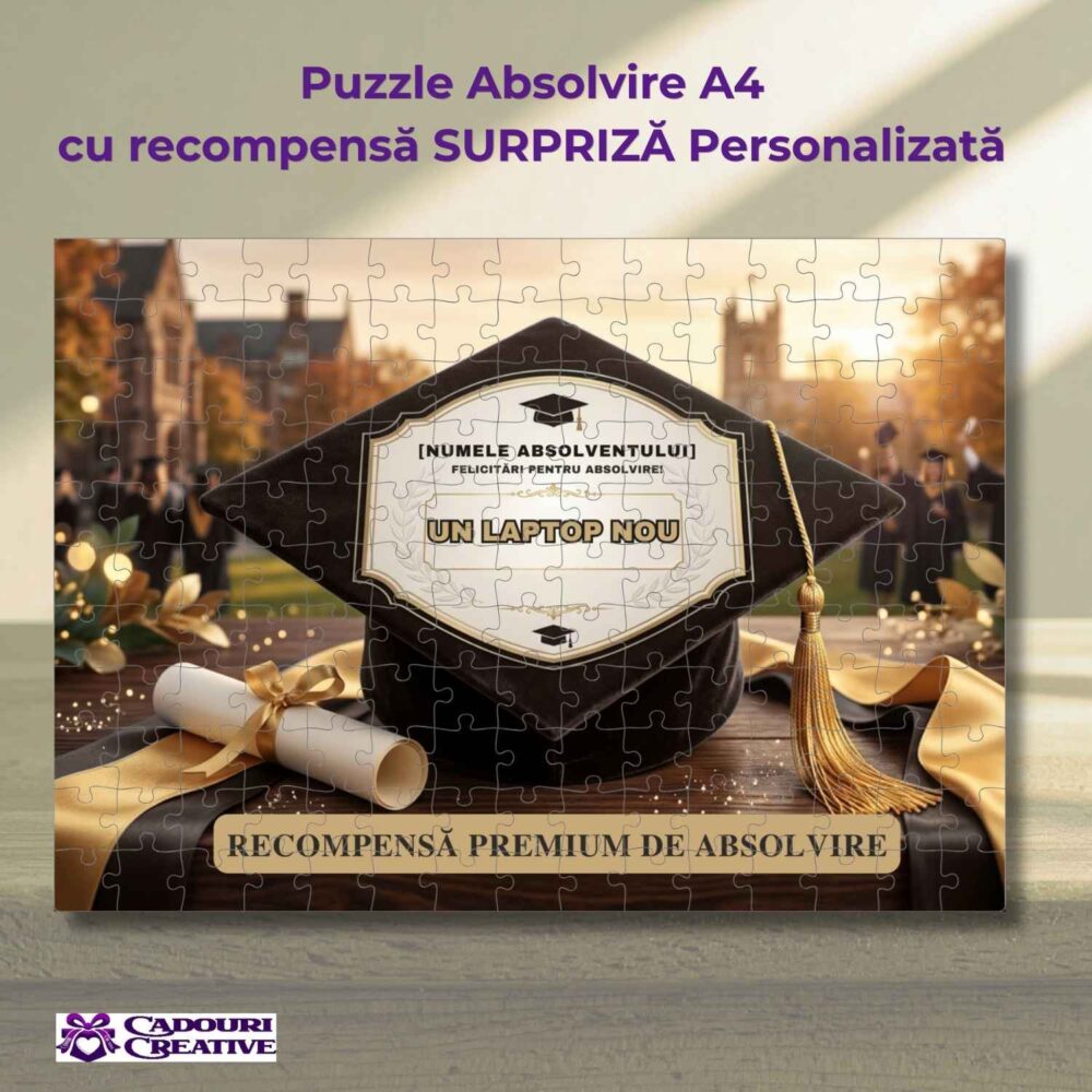 Puzzle absolvire A4 personalizat cu mesaj surpriză și recompensă laptop nou, cadou premium pentru absolvent