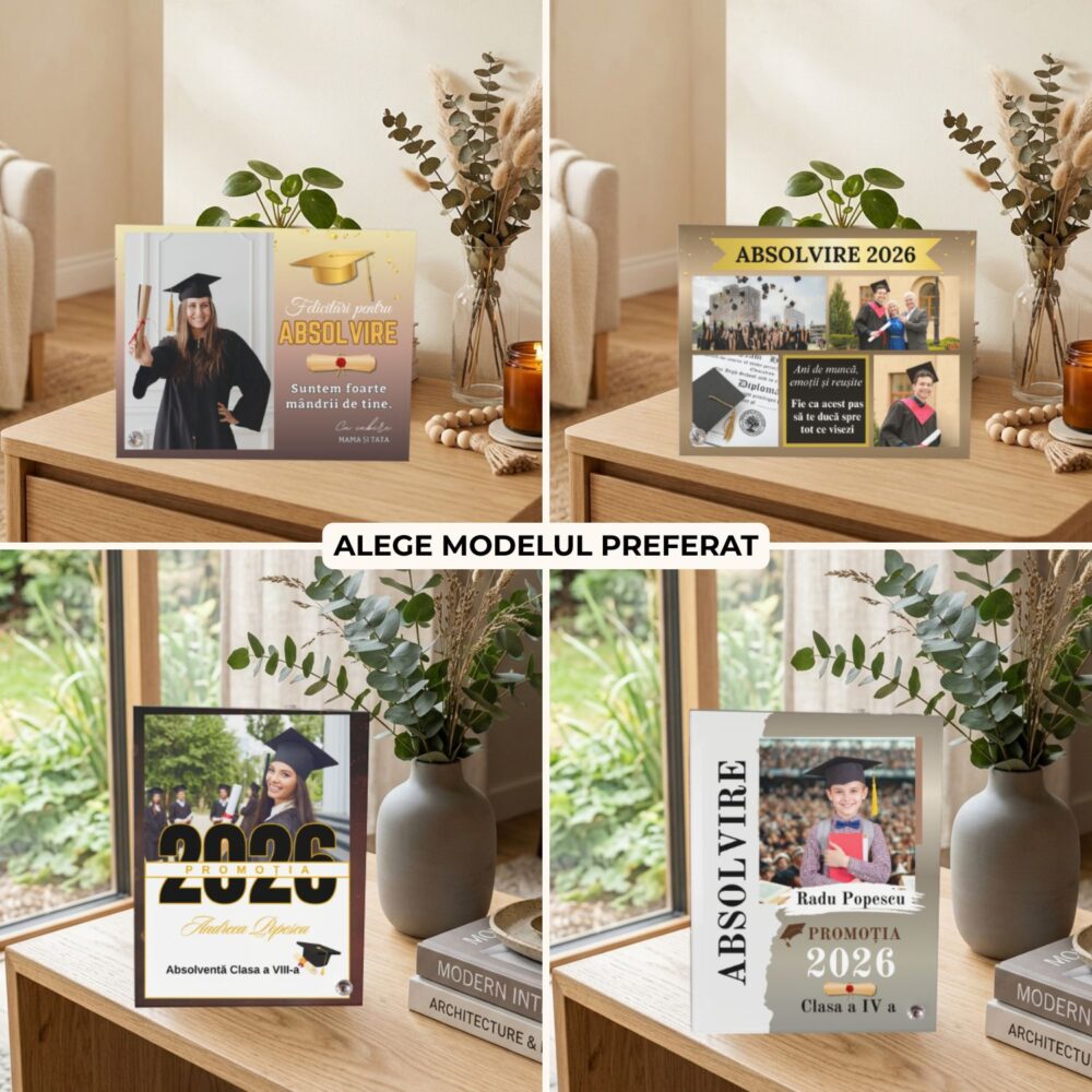 Ramă foto personalizată pentru absolvire din sticlă, 4 modele disponibile cu poză, promoție, nume, mesaj și colaj foto pentru absolvenți