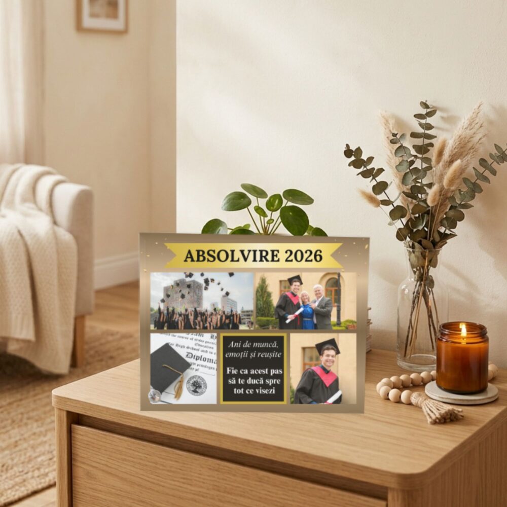 Ramă foto personalizată colaj pentru absolvire, promoția 2026, cu mai multe poze și mesaj motivațional