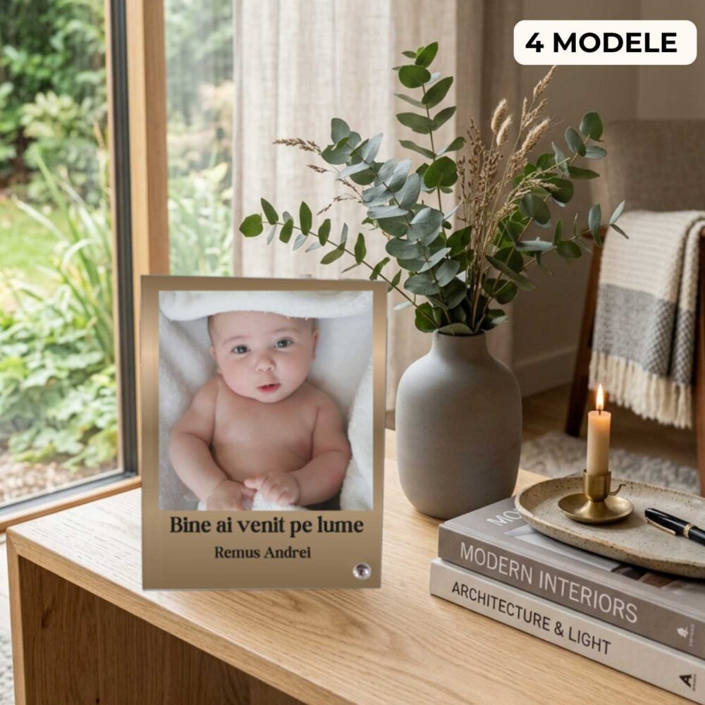 Ramă foto nou născuți personalizată cu poză și mesaj din sticlă, model Bine ai venit pe lume, cadou pentru bebeluș și proaspeți părinți