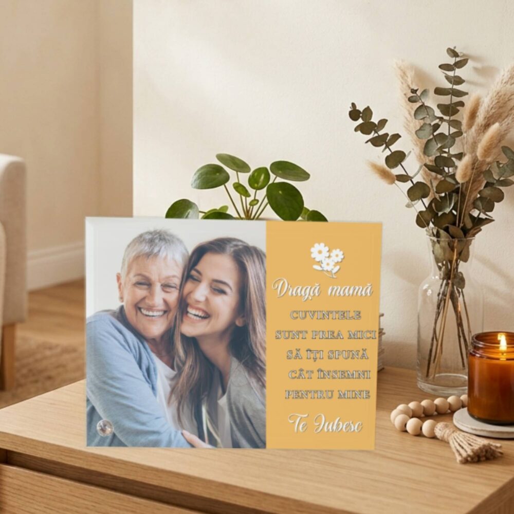 Ramă foto personalizată pentru mama cu mesaj special și fotografie, cadou elegant și emoțional din sticlă
