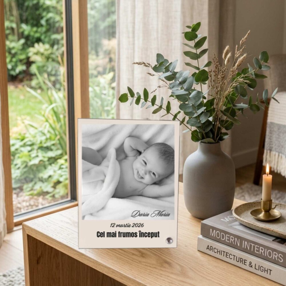 Ramă foto personalizată pentru bebeluș din sticlă, model Cel mai frumos început, cu nume și data nașterii