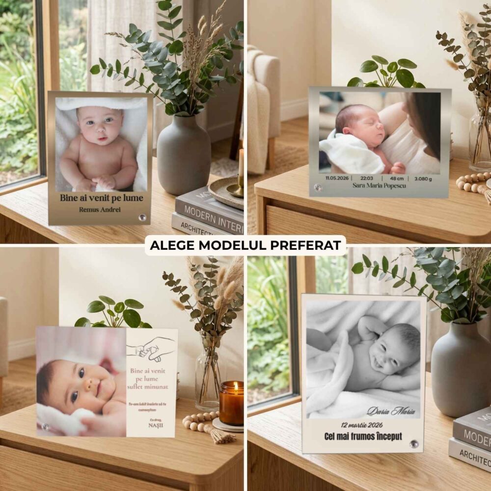 Ramă foto personalizată pentru nou-născut din sticlă, 4 modele disponibile cu poză, datele nașterii, mesaj și cadou de botez