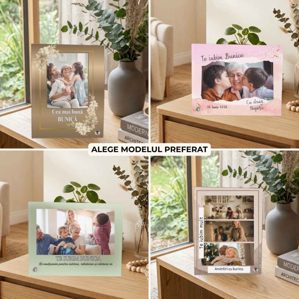 Ramă foto personalizată pentru bunica din sticlă, 4 modele disponibile cu poză, mesaj, nepoți și colaj de amintiri