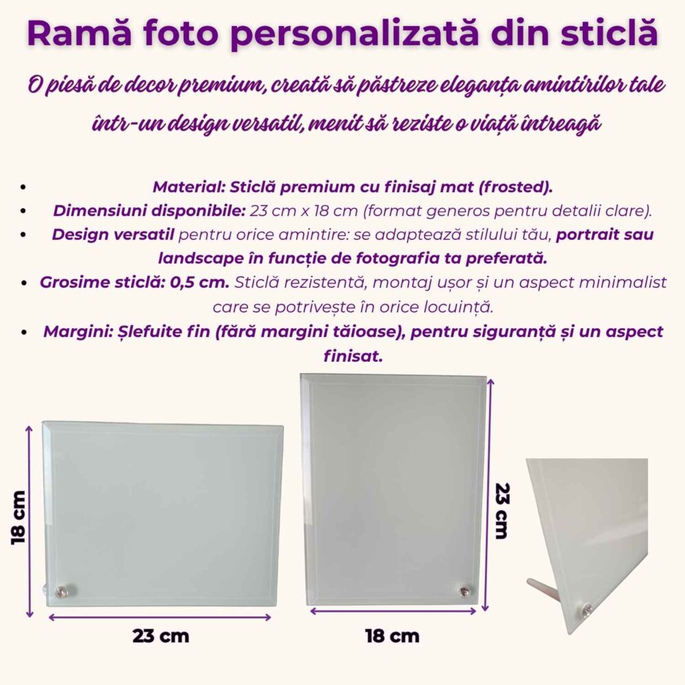 Ramă foto personalizată din sticlă 23x18 cm, specificații produs, dimensiuni, orientare verticală și orizontală
