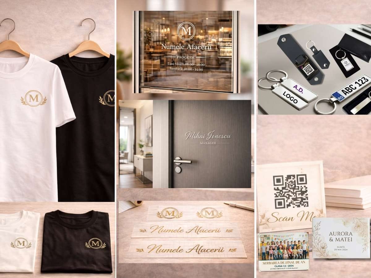 Servicii de personalizare pentru firme și evenimente. Personalizare textile, tricouri cu logo, inscripționări cu vinil autocolant permanent, brelocuri personalizate pentru firme, evenimente, branding și flote auto, și magneți personalizați.