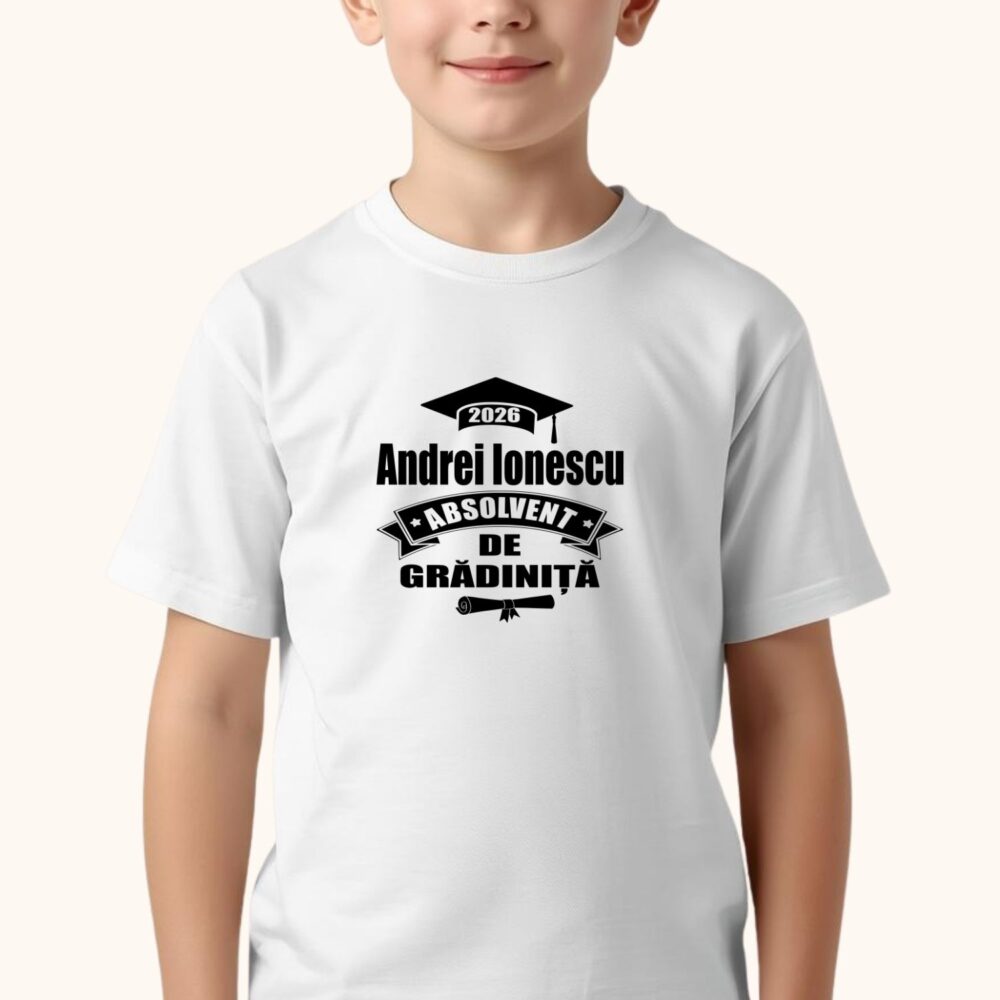 Tricou Absolvent de grădiniță personalizat cu nume pentru băieți, model festiv pentru final de grădiniță și poze de absolvire