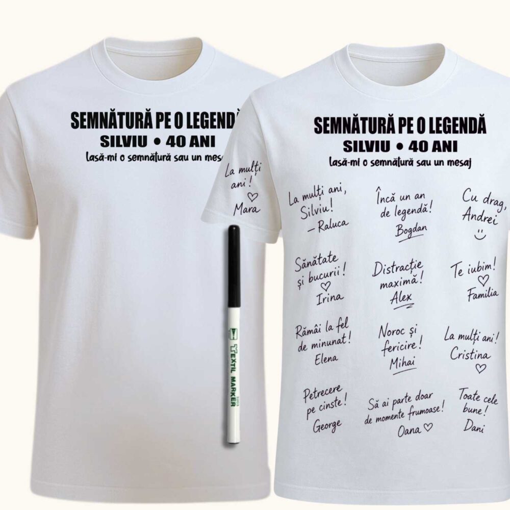 Tricou aniversar de semnat, alb. Cadou interactiv cu marker textil negru inclus, personalizat cu nume si varsta