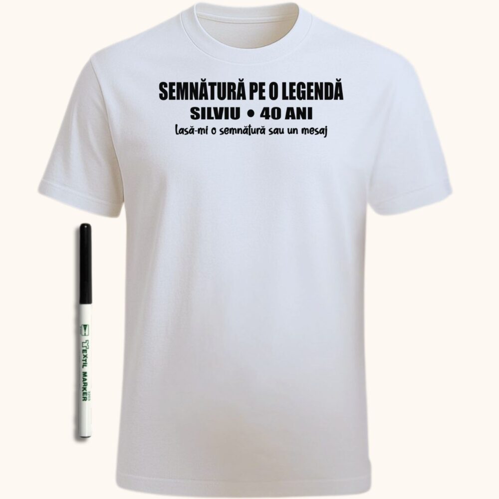 Tricou guest book personalizat cu nume si varsta, model alb cu marker textil inclus pentru semnaturi si mesaje