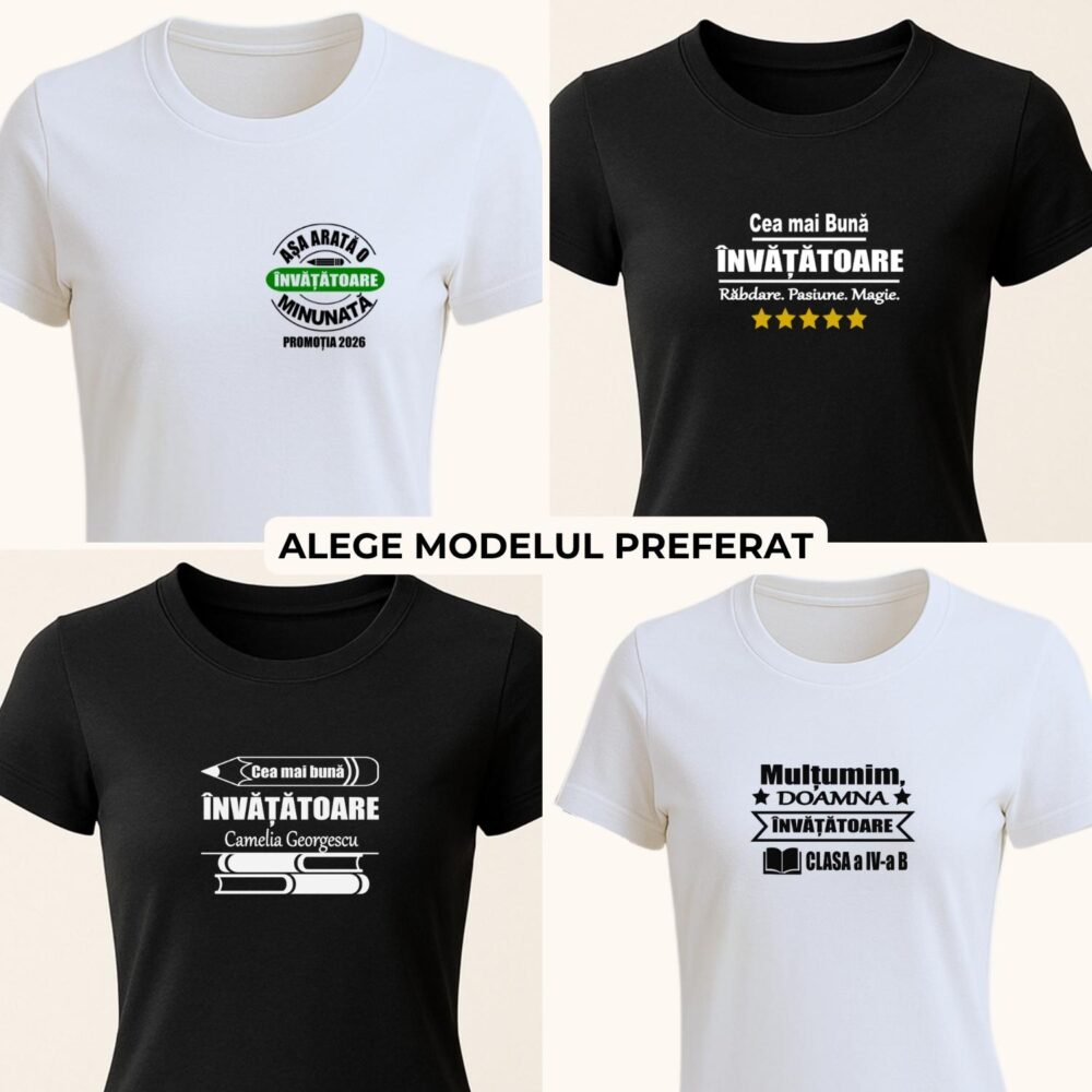 Tricou învățătoare personalizat disponibil în 4 modele, pe alb și negru, cu nume, clasă și promoția anului, ideal pentru cadou de final de an