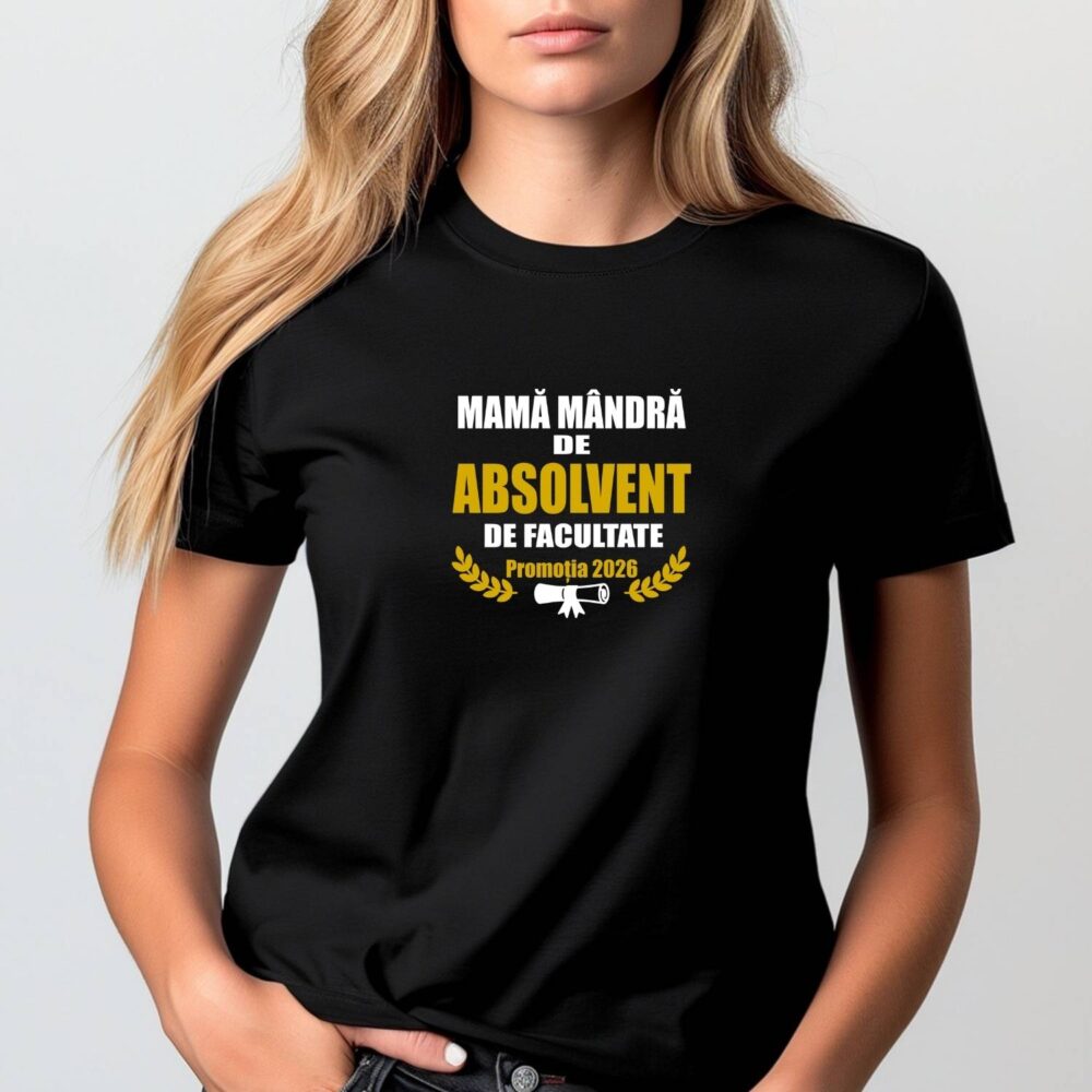 Tricou Mamă mândră de absolvent de facultate pe negru, cu efect special gold, personalizat pentru promoție final de an