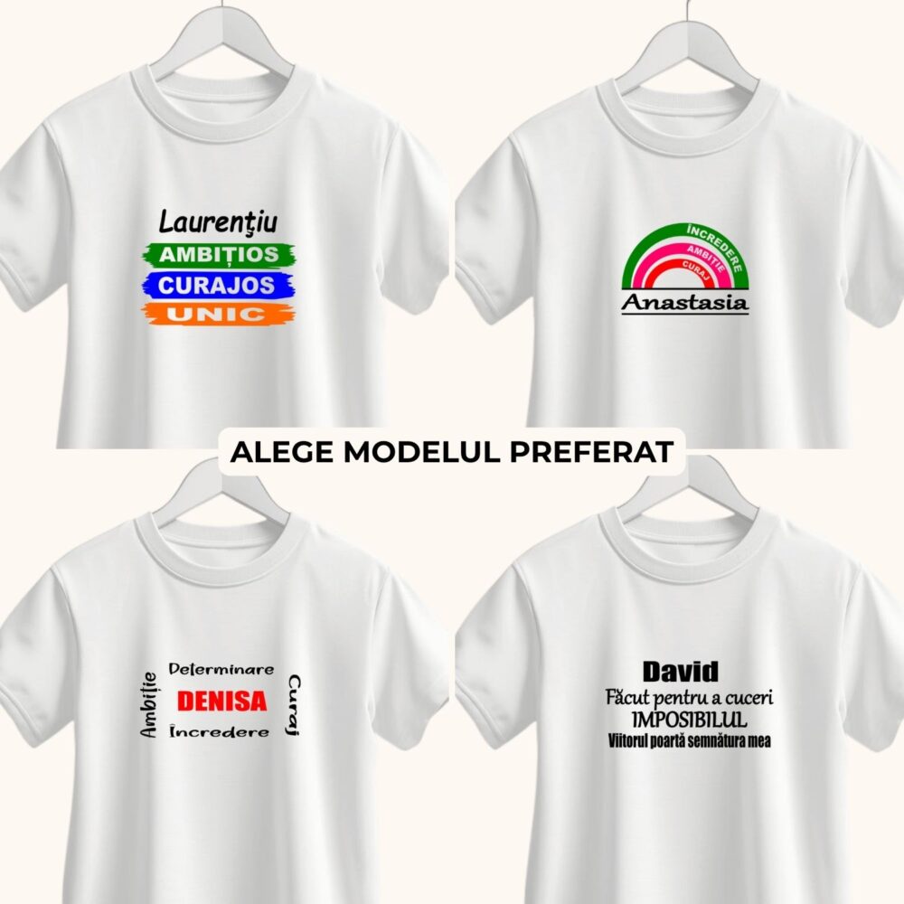 Tricou motivațional copii cu nume, disponibil în 4 modele pentru fete și băieți, cu mesaje pozitive și statement