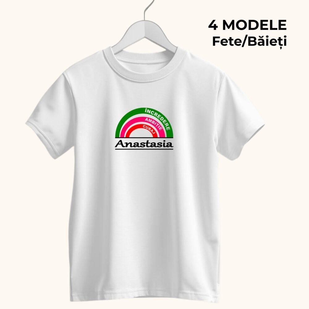 Tricou motivațional copii cu nume personalizat, model curcubeu cu încredere, ambiție și curaj