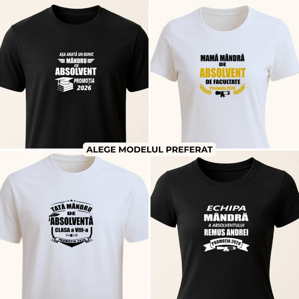 Tricou părinte de absolvent personalizat disponibil în 4 modele, pe alb și negru, pentru mamă, tată, bunică sau bunic