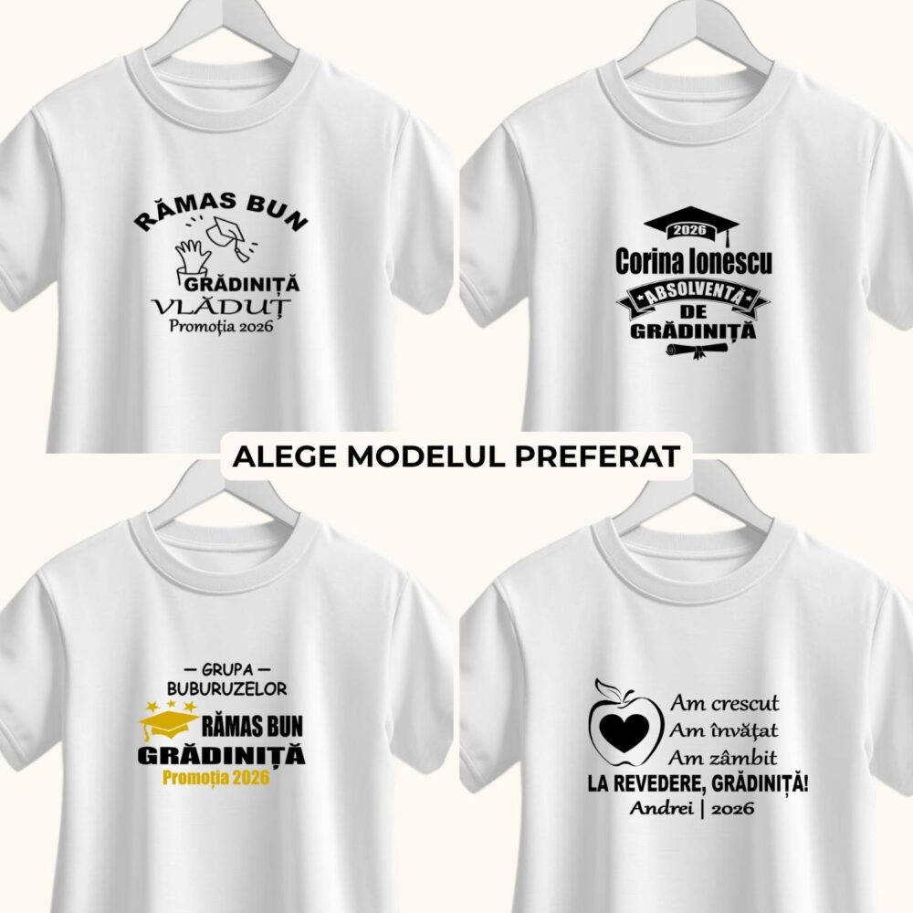 Tricou personalizat Rămas bun grădiniță cu 4 modele pentru fete și băieți, cu nume, grupă și promoția anului