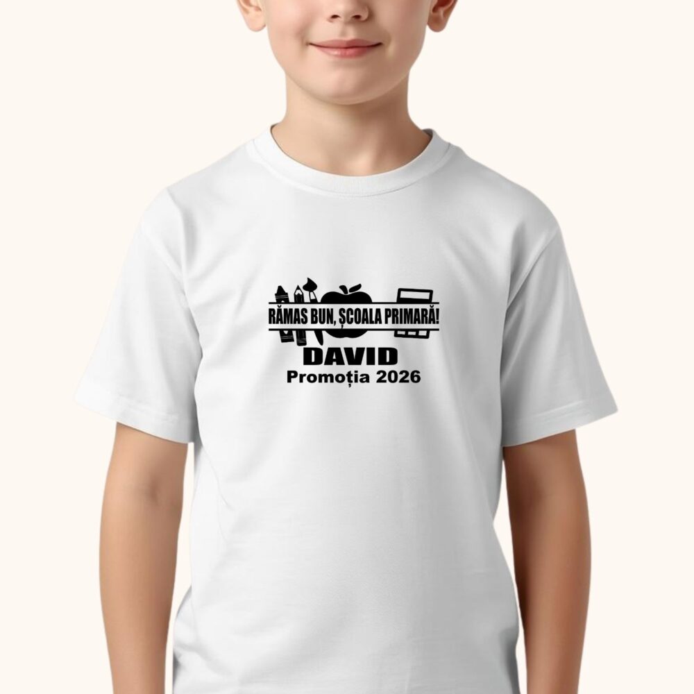 Tricou Rămas bun Școala Primară personalizat cu nume și promoția 2026 pentru băieți, model purtabil pentru final de clasa a IV-a