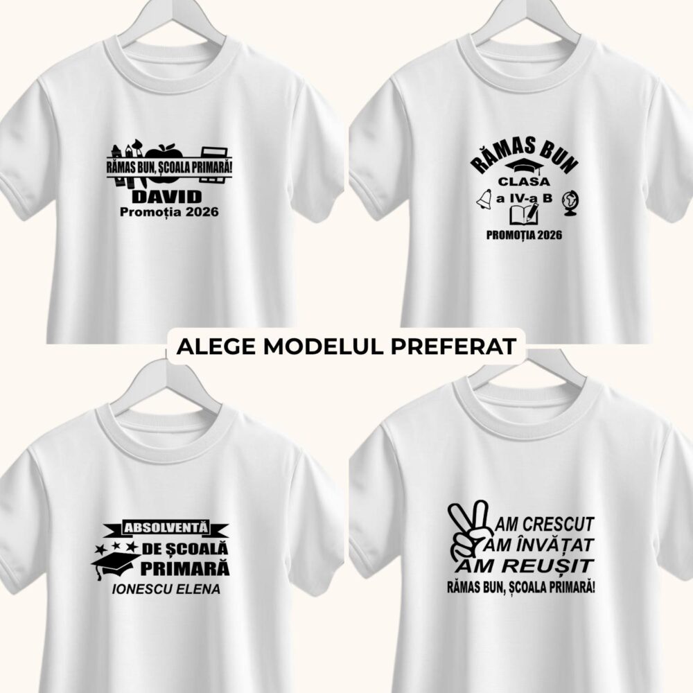 Tricou personalizat Rămas bun Școala Primară cu 4 modele pentru fete și băieți, cu nume, clasă și promoția anului