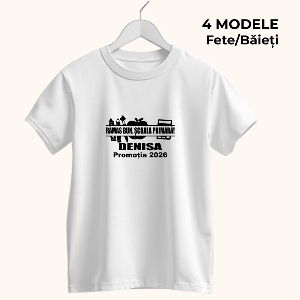 Tricou Rămas bun Școala Primară personalizat cu nume pentru copii, model principal pentru final de clasa a IV-a și promoția anului
