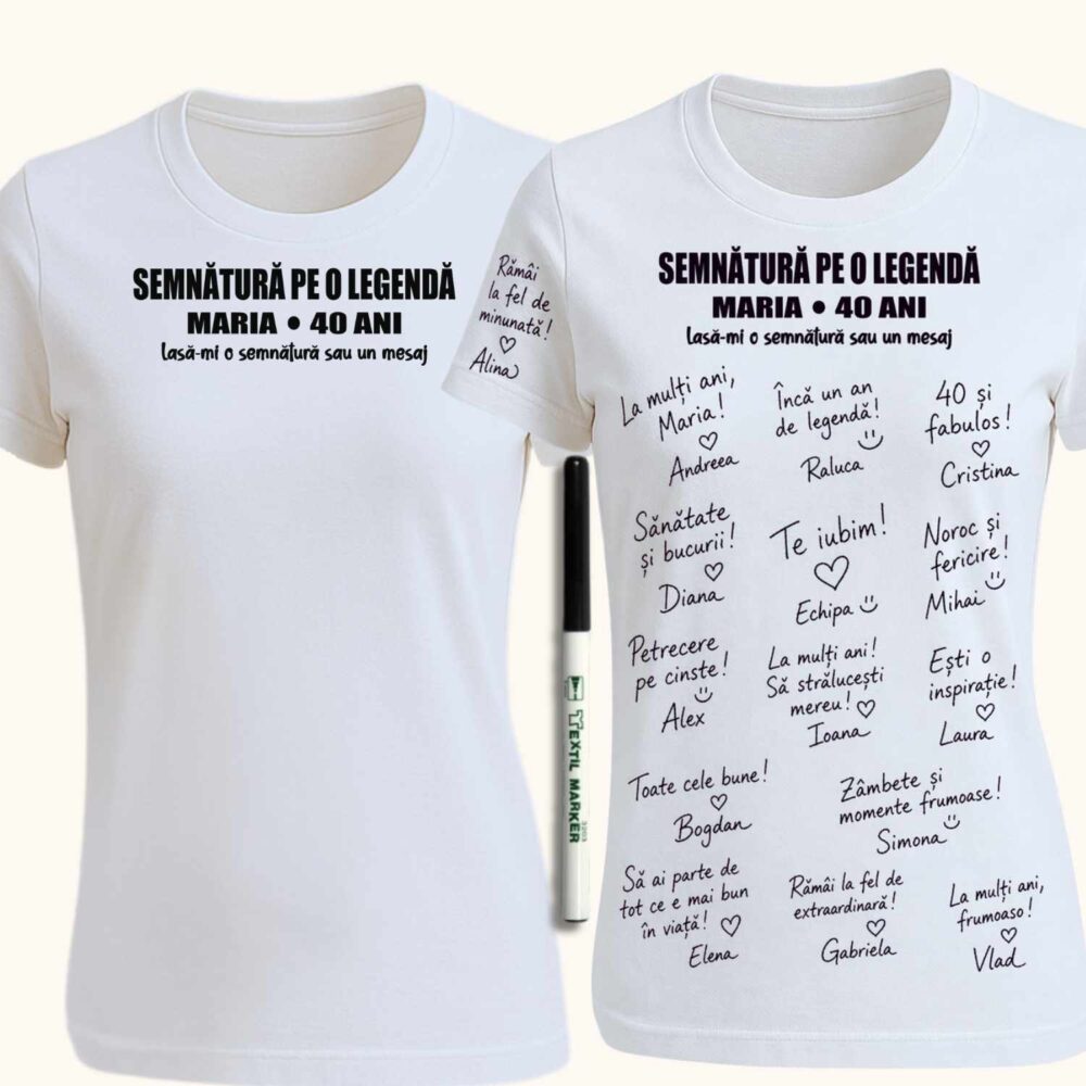 Tricou zi de naștere personalizat guest book cu nume si varsta, prezentare fata si tricou semnat cu mesaje de la invitati