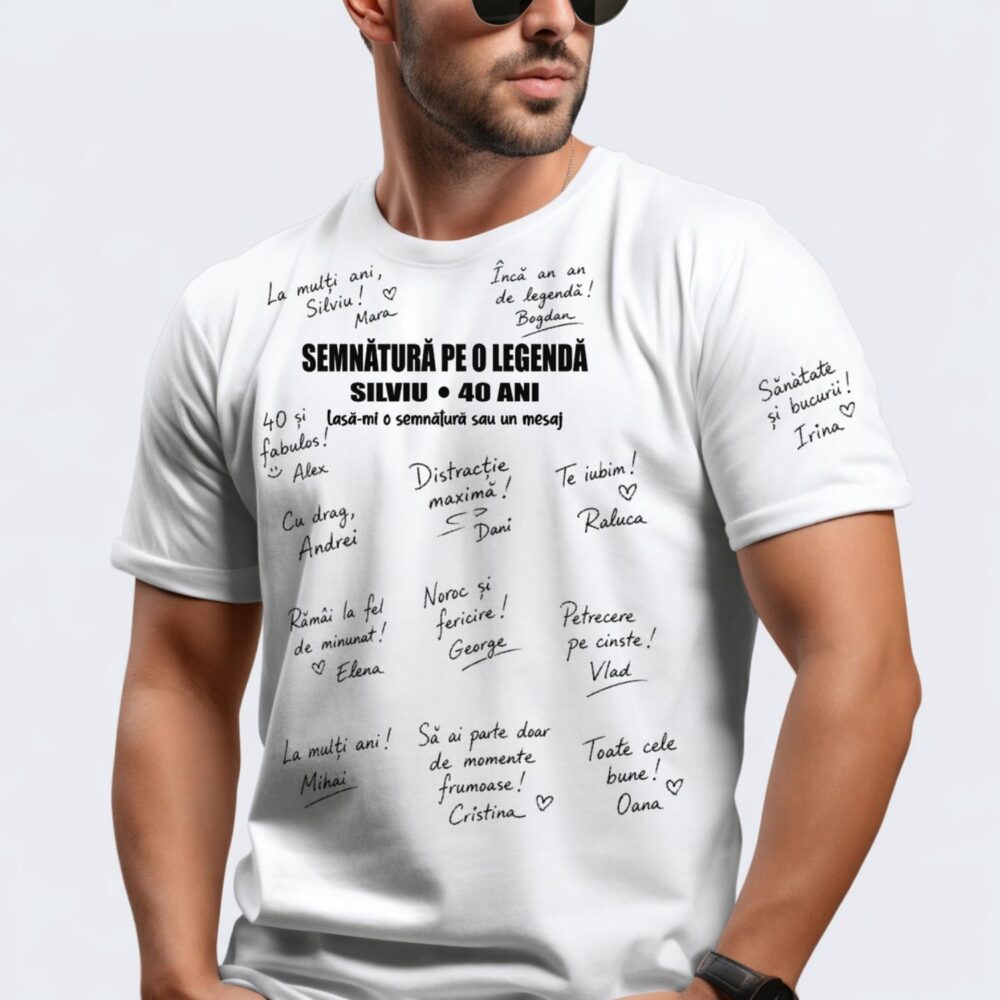 Tricou zi de naștere interactiv purtat de barbat, semnat de invitati, personalizat cu nume si varsta