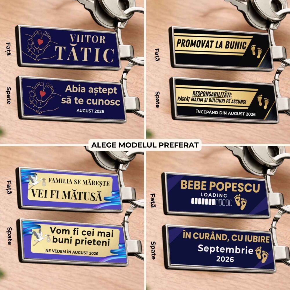 Breloc anunt sarcina personalizat fata-verso, 4 modele pentru tatic, bunici si familie