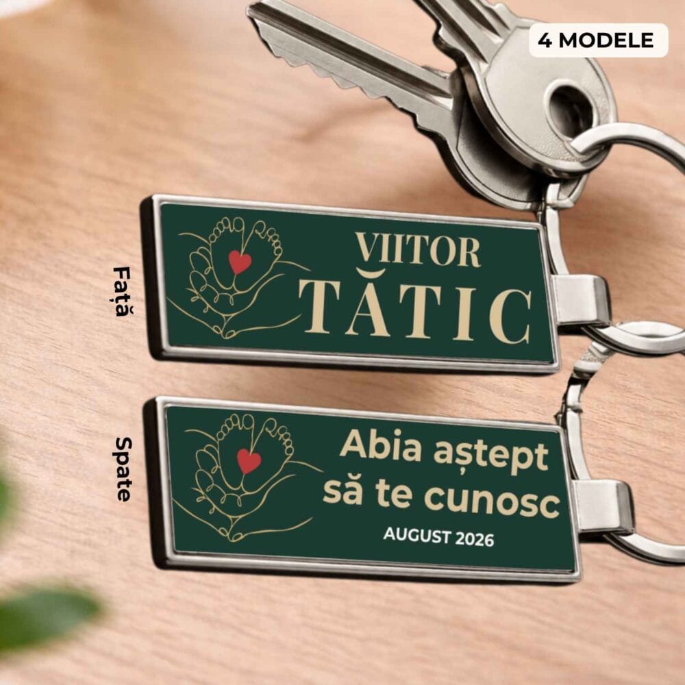 Breloc anunt sarcina personalizat fata-verso pentru viitor tatic, cu mesaj emotional si luna estimata