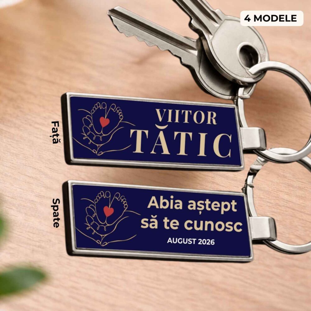 Breloc anunt sarcina personalizat fata-verso pentru viitor tatic, cu mesaj emotional si luna estimata