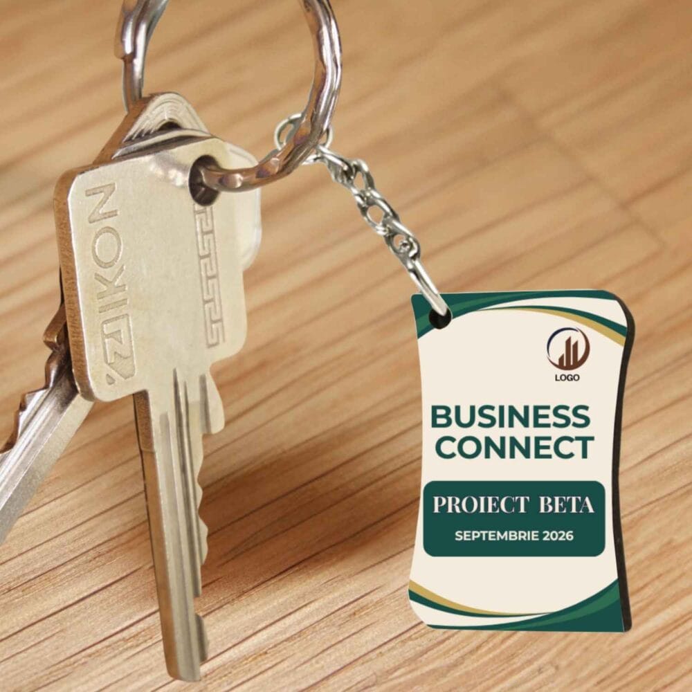 Breloc corporate eco din MDF pentru eveniment sau proiect business, model Business Connect cu logo