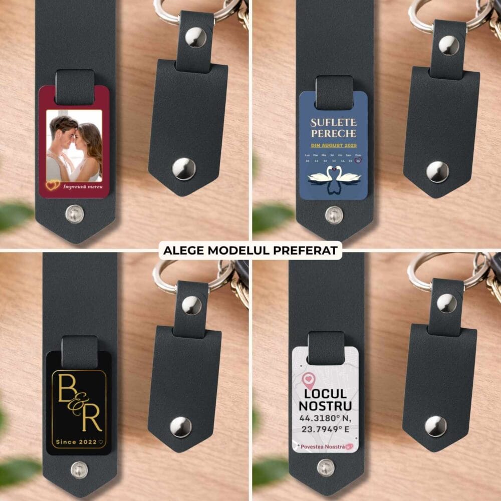 4 modele de breloc premium personalizat pentru cuplu cu poză, inițiale, dată sau coordonate