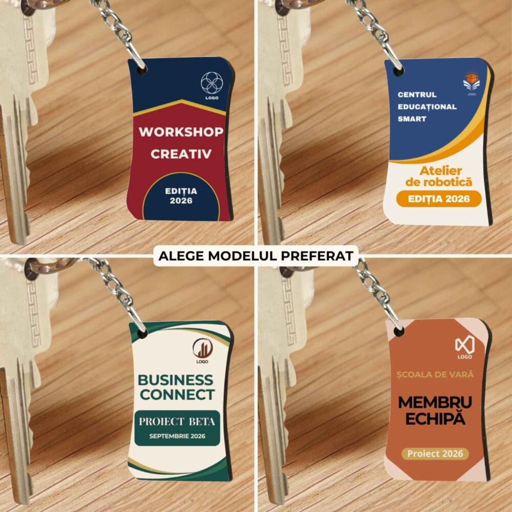 Breloc mdf personalizat evenimente corporate. 4 modele pentru workshop-uri, scoli, proiecte si echipe