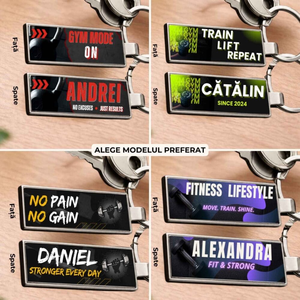 4 Modele disponibile pentru breloc GYM personalizat față-verso cu nume și mesaj – Gym Mode On, Train Lift Repeat, No Pain No Gain și Fitness Lifestyle