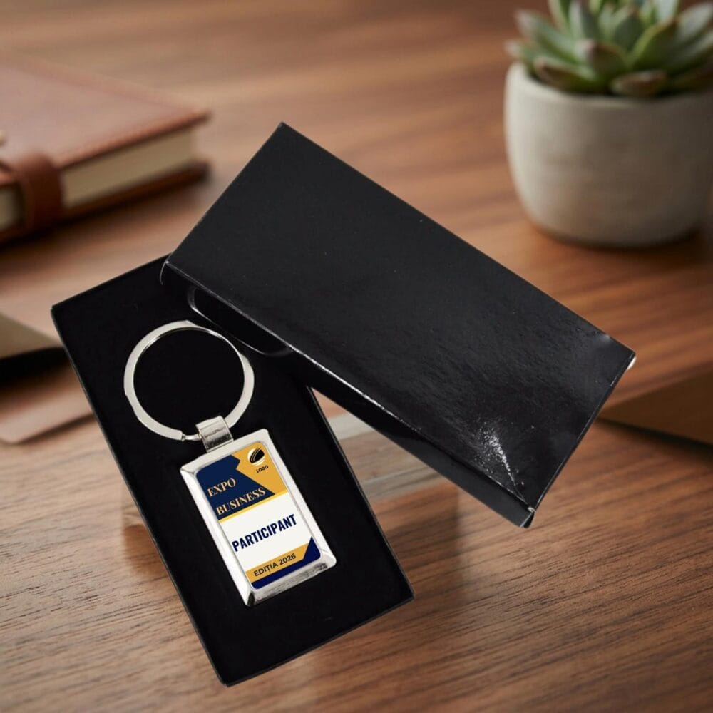 Breloc corporate personalizat ambalat in cutie, potrivit pentru conferinte si evenimente business