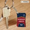 Breloc personalizat evenimente corporate din MDF, model Workshop Creativ, pentru seminare, evenimente si workshop-uri
