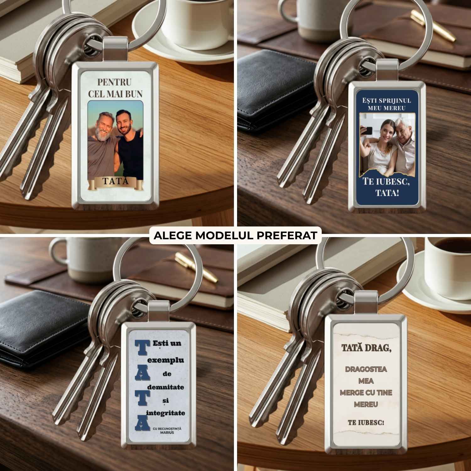 breloc-personalizat-pentru-tata-4-modele-elegante-cu-poza-si-mesaj Colaj cu 4 modele de breloc personalizat pentru Tata, cu poză sau mesaj. Cadou elegant