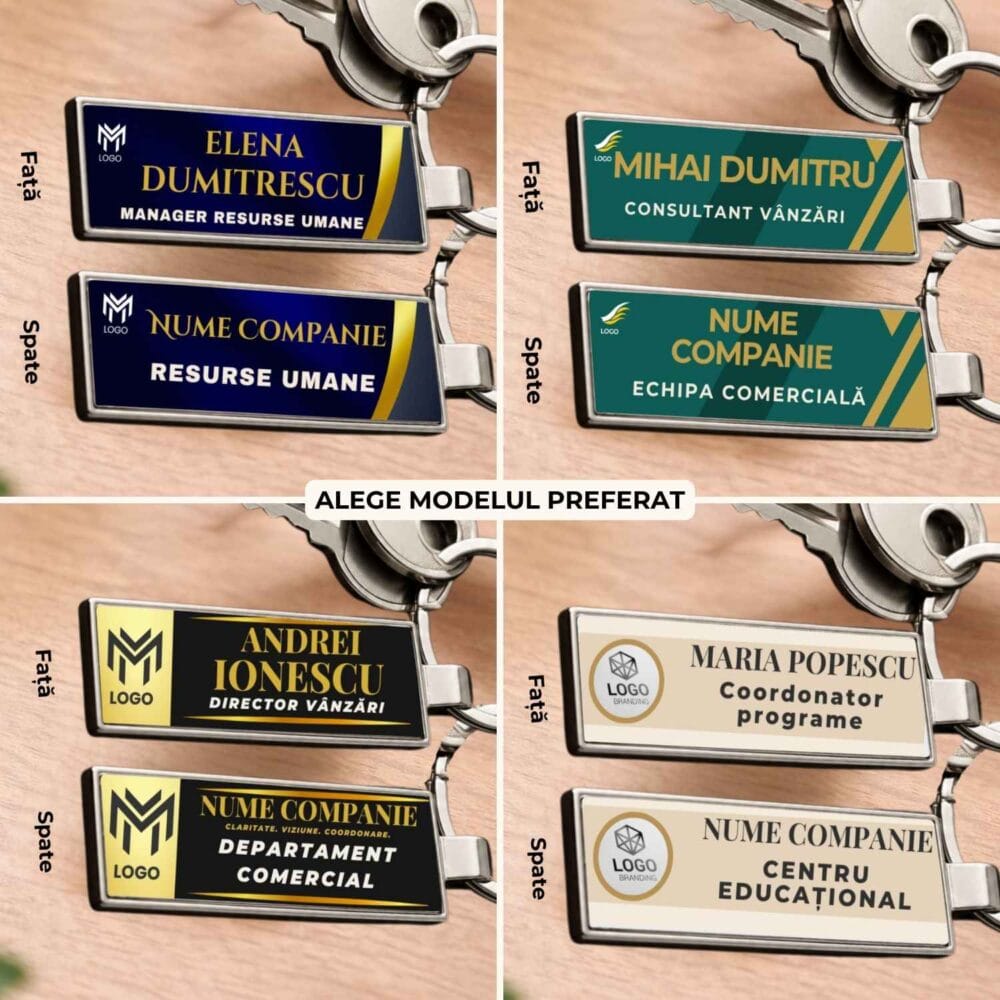 Breloc slim corporate personalizat fata-verso, 4 modele cu logo, nume, functie si departament