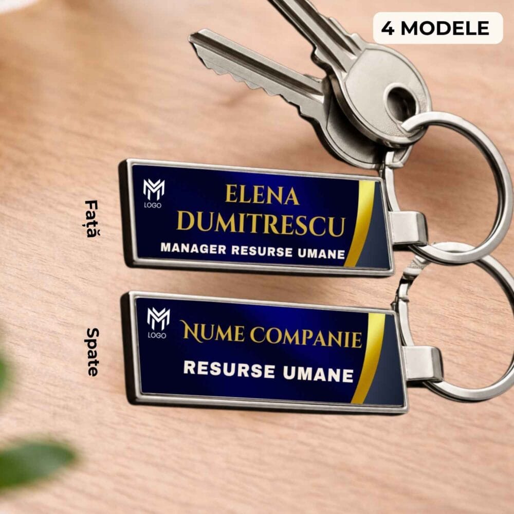 Breloc slim corporate fata-verso personalizat cu logo, nume si functie, model business clasic