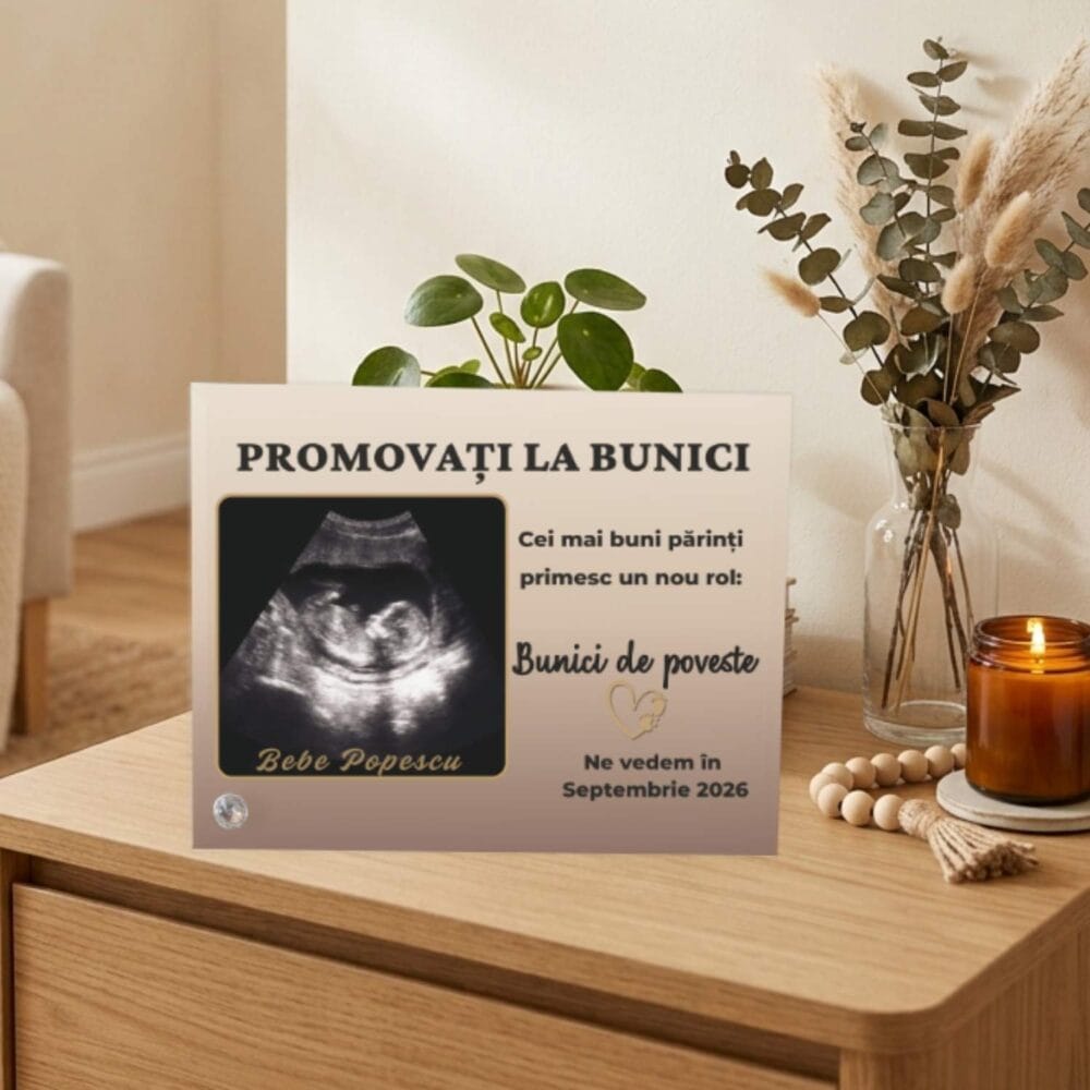 Ramă foto din sticlă personalizată cu ecografie pentru cadou anunț sarcină bunici, model Promovați la bunici