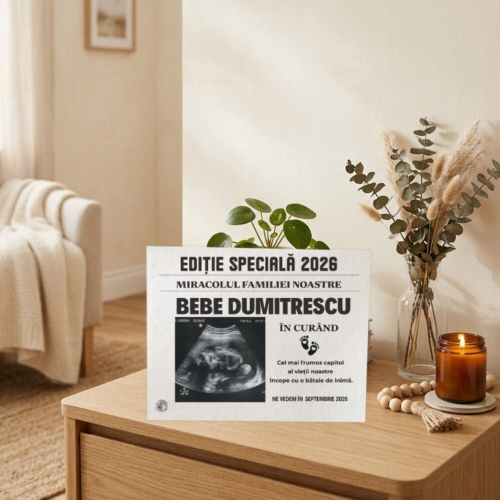Ramă foto personalizată cu ecografie, model Ediție Specială Baby Coming Soon, cadou anunț sarcină pentru familie