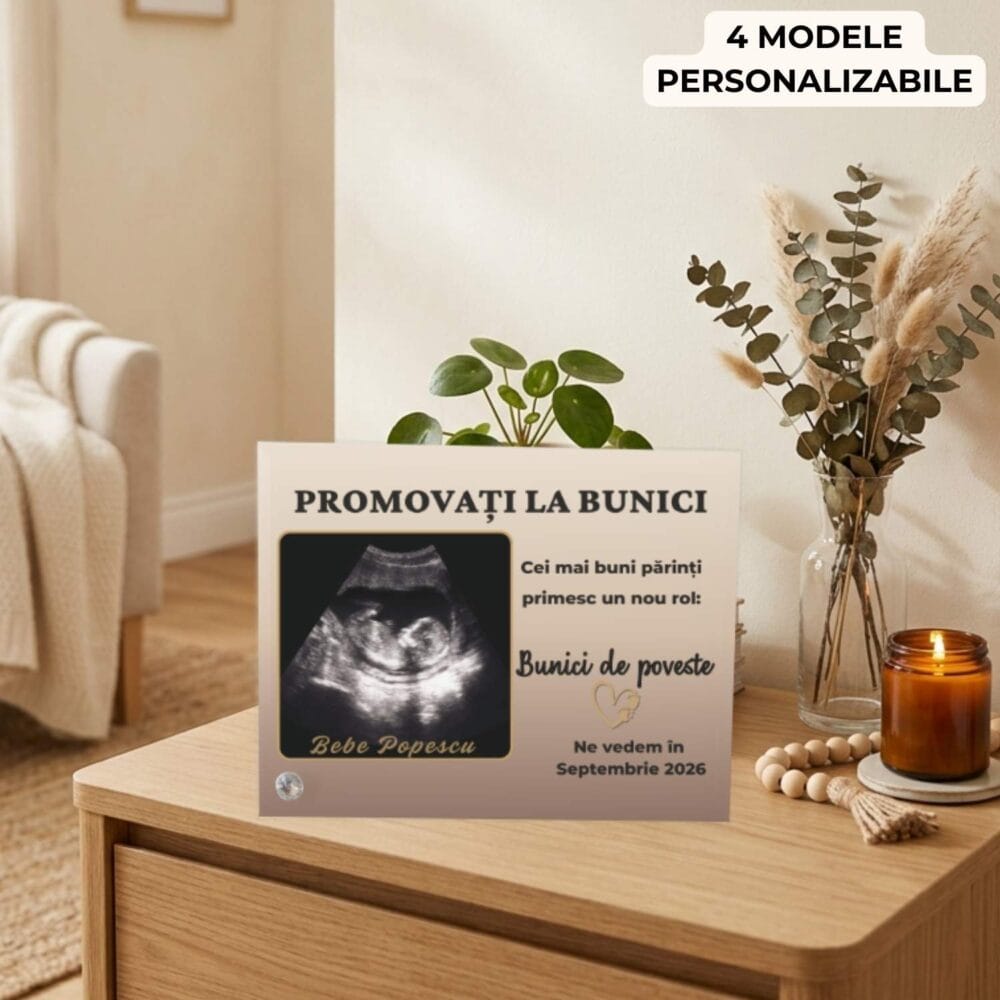 Ramă foto cu ecografie personalizată pentru anunț sarcină bunici, model Promovați la bunici, din sticlă 18x23 cm