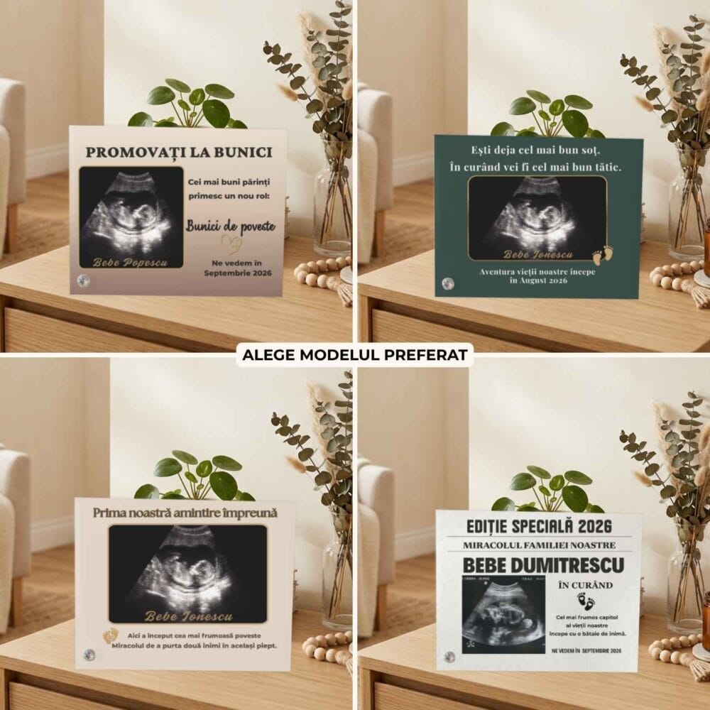Ramă foto cu ecografie pentru anunț sarcină, colaj cu 4 modele personalizabile pentru bunici, tătic, viitoare mămică și familie