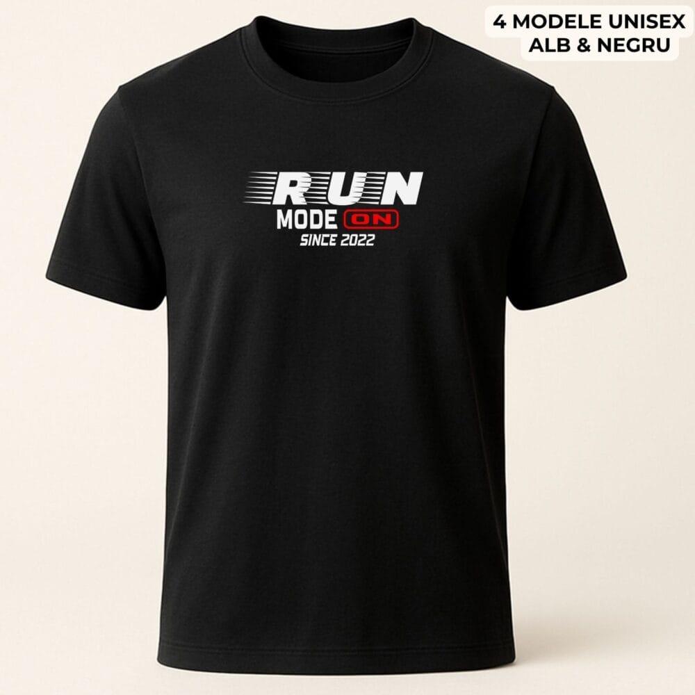 Tricou alergare personalizat unisex Run Mode On, model running pe tricou negru