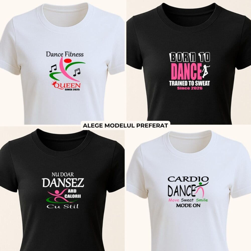 Tricou dance fitness și aerobic pentru femei cu 4 modele personalizabile pentru antrenamente pe muzică