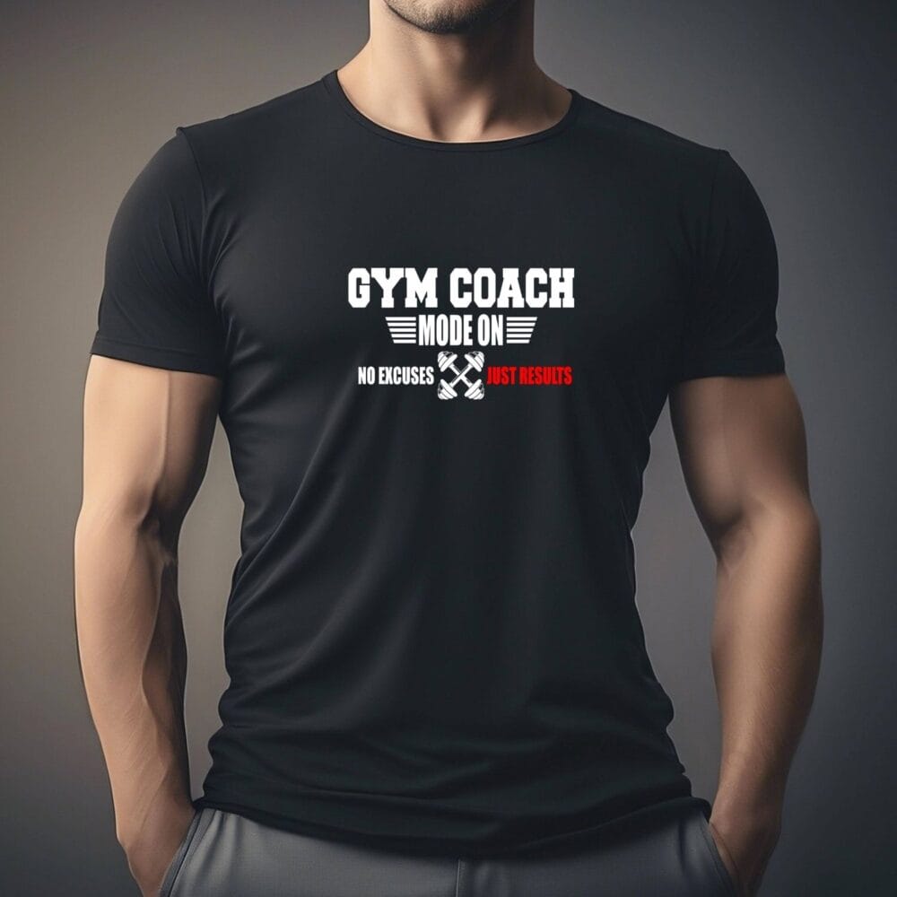 Tricou Gym Coach Mode On pentru antrenor fitness, model unisex pe tricou negru
